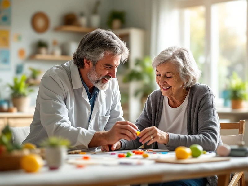 کاردرمانگر در حال انجام تمرینات کاردرمانی بزرگسالان با فرد مسن
