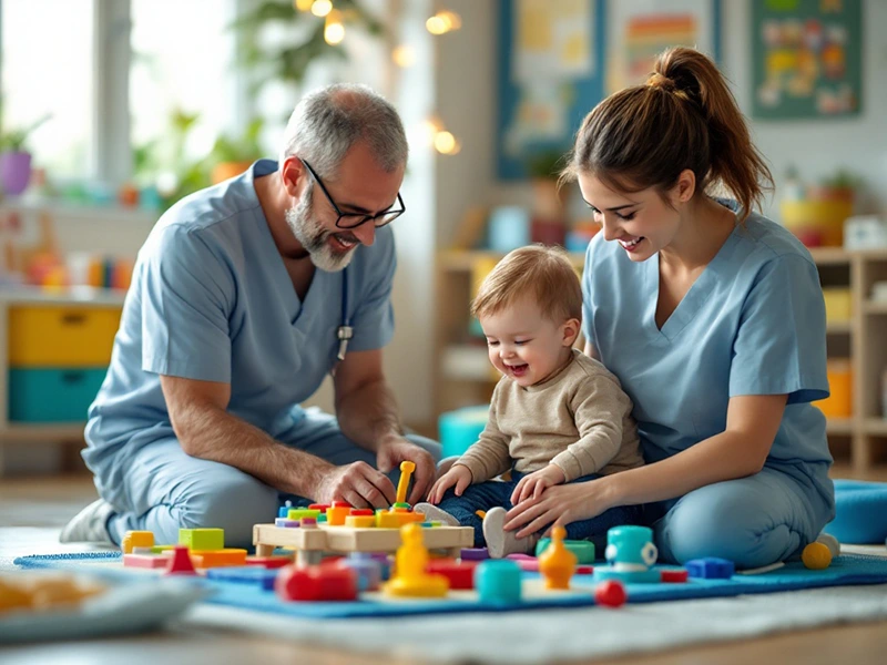 کاردرمانگر به همراه مادر و فرزند در جلسه کاردرمانی فلج مغزی کودکان